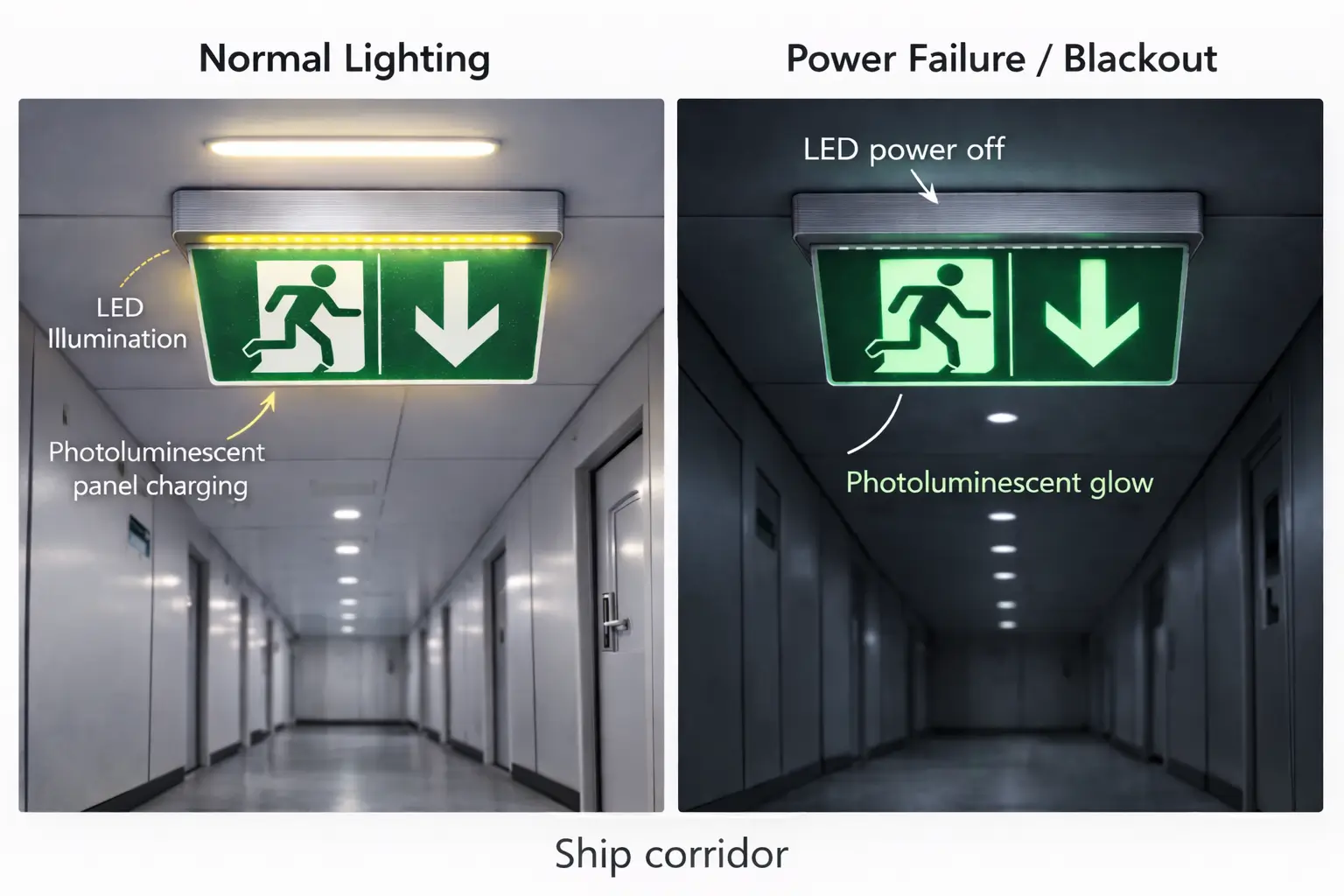 LED photoluminescent escape sign system showing LED illumination charging the photoluminescent safety sign for blackout visibility