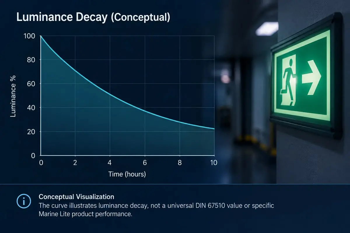 Conceptual luminance decay chart showing luminance in percent falling over 10 hours, next to a glowing green emergency exit sign in a dark corridor