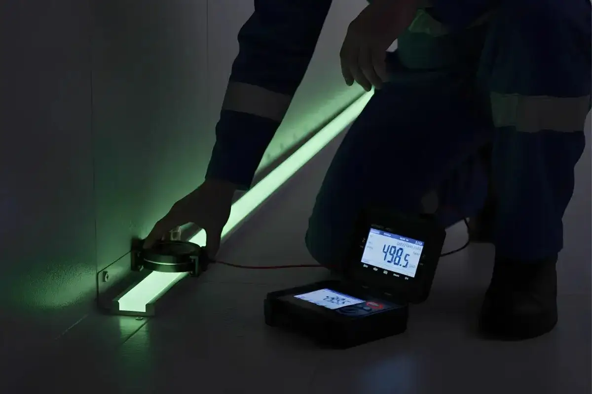 Technician measuring the luminance of a glowing photoluminescent strip at floor level in a dark room