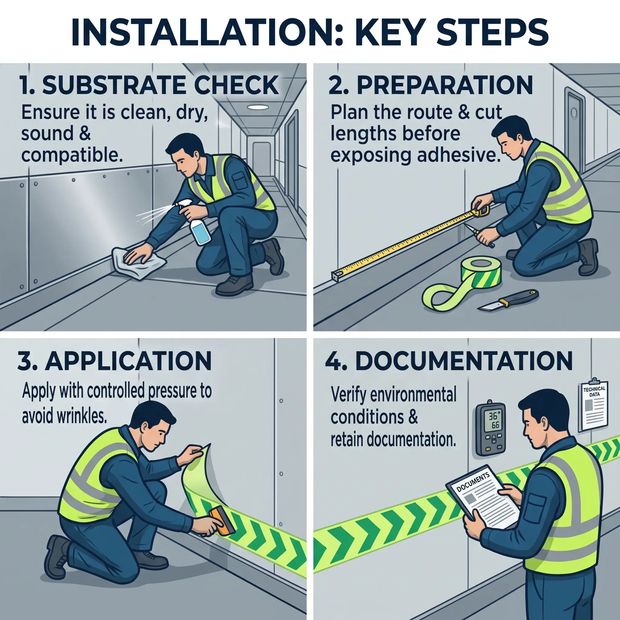 Four-panel illustration of the installation steps: 1 substrate check, cleaning the wall base; 2 preparation, measuring and cutting the tape; 3 application, pressing the tape on with controlled pressure; 4 documentation, verifying environmental conditions and retaining documentation